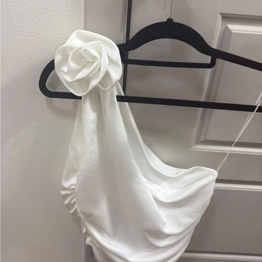 White One-Shoulder Top with Rose Detail
